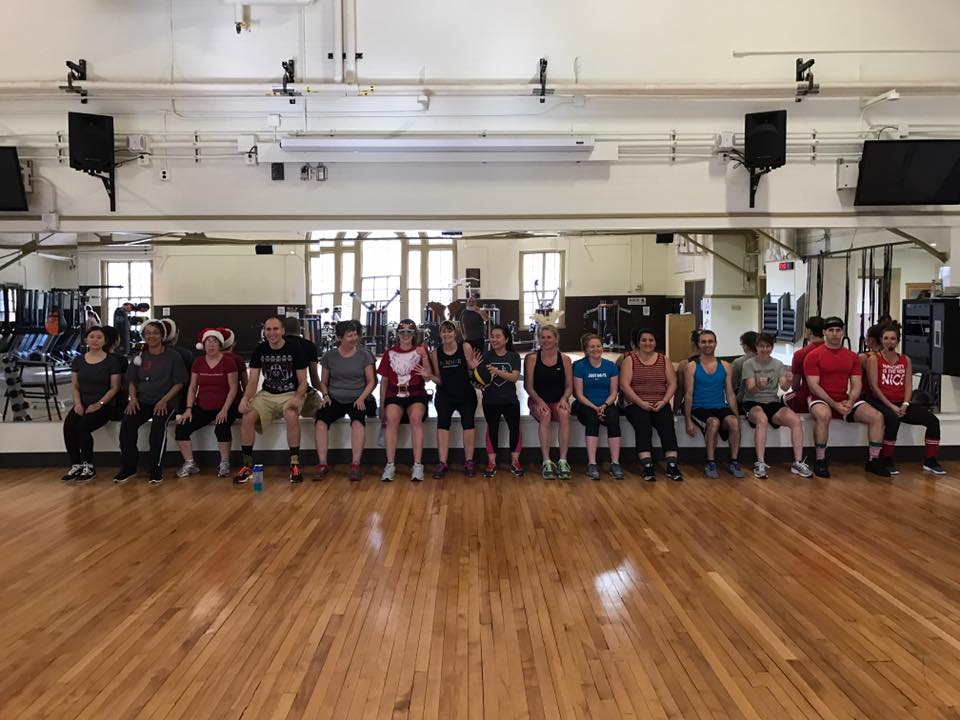 Genna Albano's twice-weekly Circuit Training class at Taylor Gym had fun with the BeWell wall sit challenge. Our two BeWell champions, Tommy Marullo and Katie Guynn, are among the pictured participants.