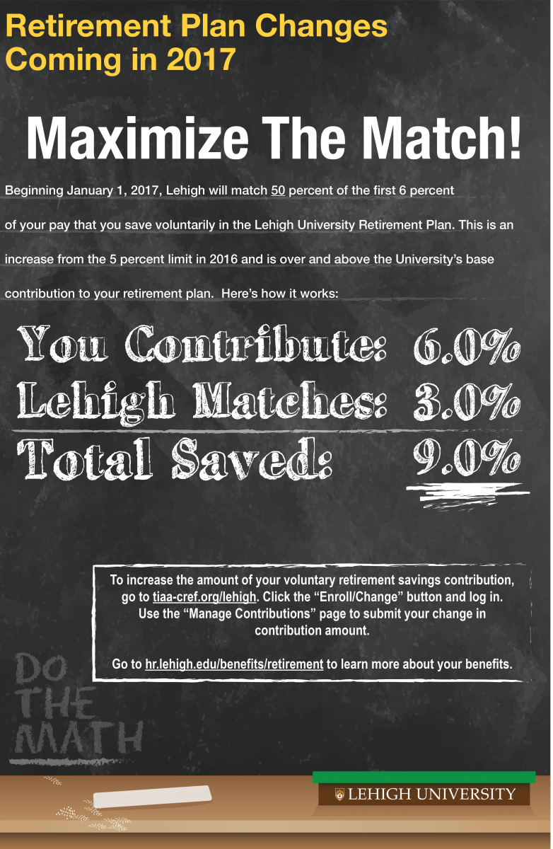 Beginning on January 1, 2017, Lehigh will match 50 percent of he first six percent of your pay that you save in the Lehigh University Retirement Plan. This is an increase from the five percent limit in 2016 and is in addition to Lehigh's base contribution. Learn more at hr.lehigh.edu/benefits/retirement