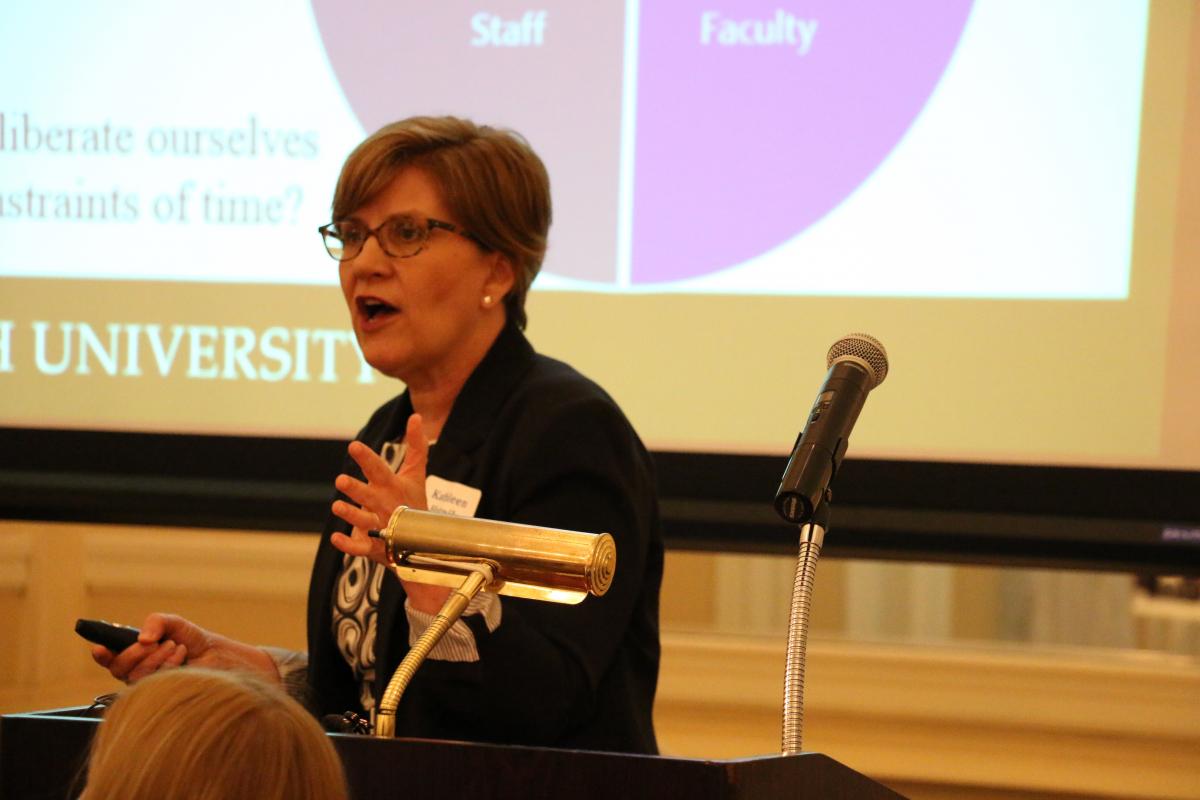 Kathleen Hutnick presents a vision of the One Lehigh mindset at the event marking the culmination of the Lehigh Pragmatic Leadership program.
