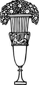 A line drawing of an urn of flowers