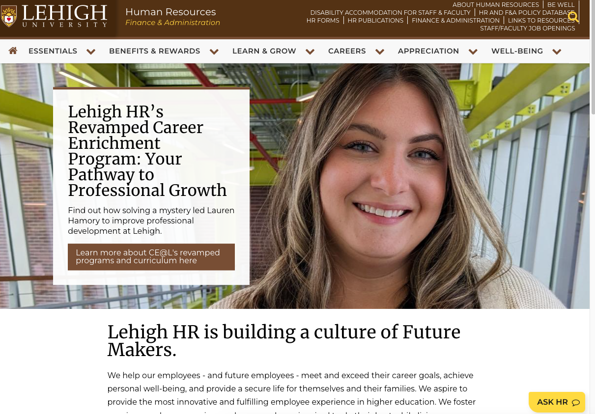 A screenshot of the HR website showing the Ask HR bubble in the lower right corner