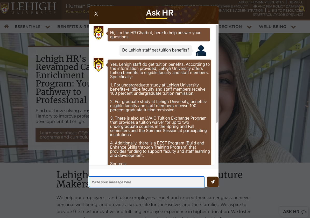 A screenshot of a chat window with a question and answer about staff tuition benefits 