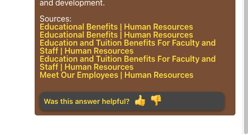 A screenshot of the HR chatbot window showing the list of links to sources from which the answer was created