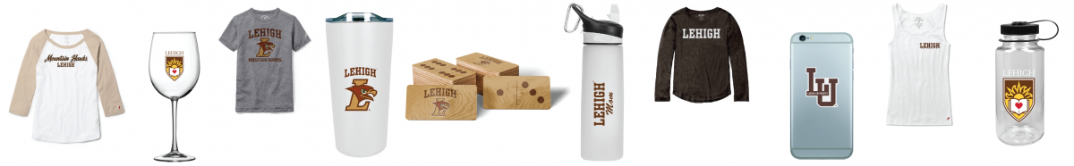 an array of Lehigh branded merchandise including water bottles, shirts, and travel mugs