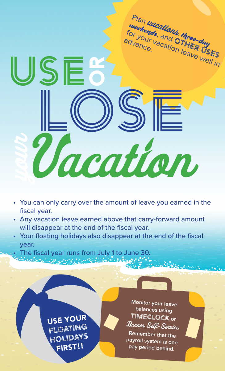 It's Your Vacation - Use it, Don't Lose it. Reminders for staff to avoid losing vacation leave at the end of the fiscal year. For a text copy of this graphic, email hik210@lehigh.edu