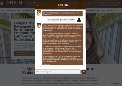 A screenshot of a chat window with a question and answer about staff tuition benefits