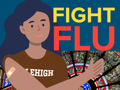 An illustration of a woman in a Lehigh shirt who has just received her flu shot