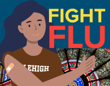 An illustration of a woman in a Lehigh shirt who has just received her flu shot