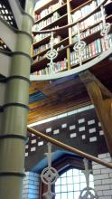 A corner of Linderman Library featuring shelves of books