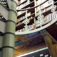 A corner of Linderman Library featuring shelves of books