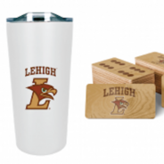 lehigh branded merchandise including a travel mug and dominoes
